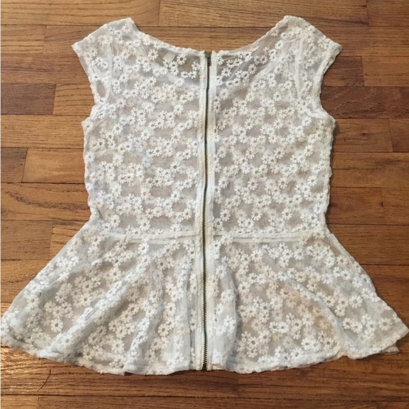 American Eagle Outfitters Cream Sheet Floral Embroidered Peplum Top, Medium - Picture 3 of 5